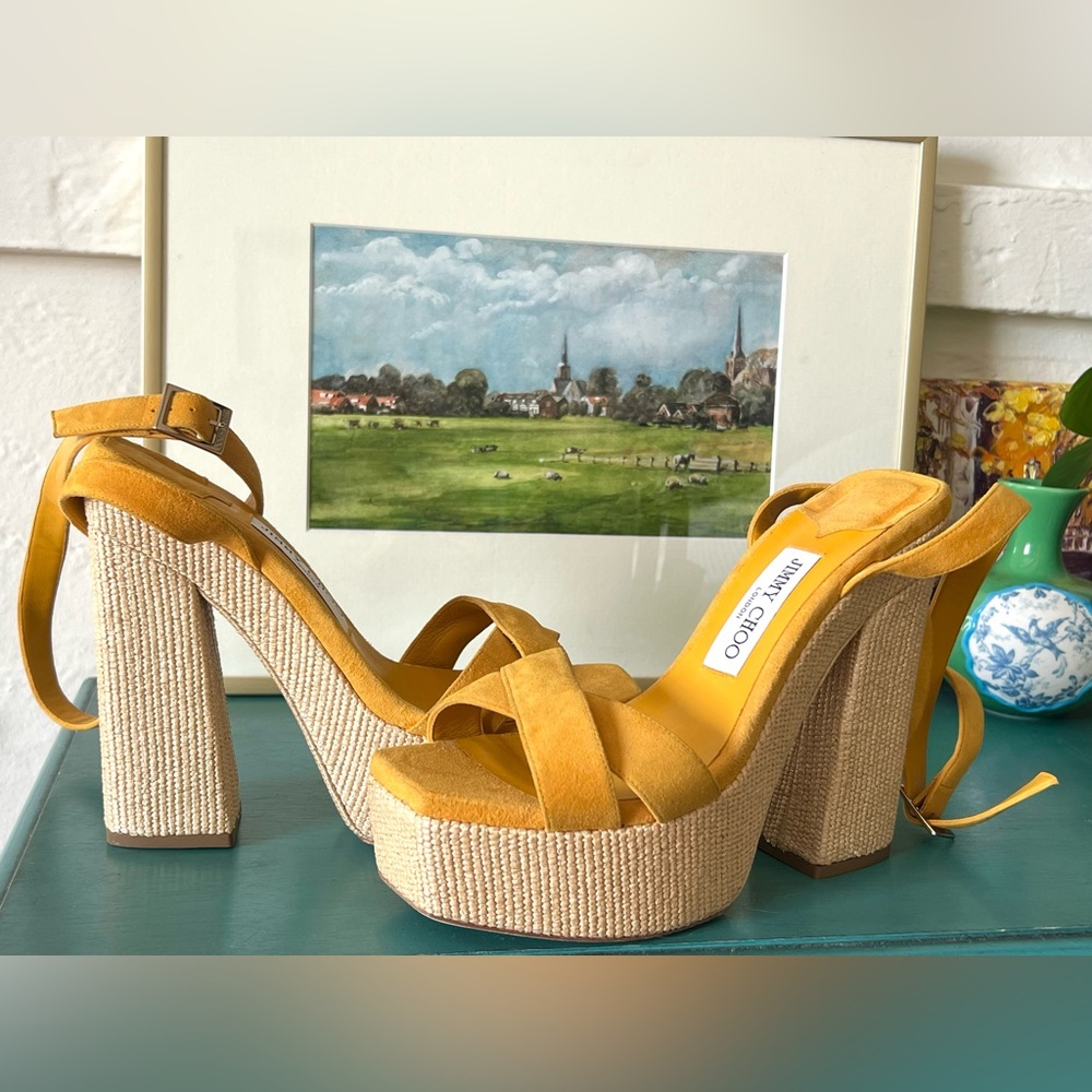 LAST CALL *Like-NEW* JIMMY CHOO Raffia “GAIA” Suede $995 Platform Sandals - 38.5